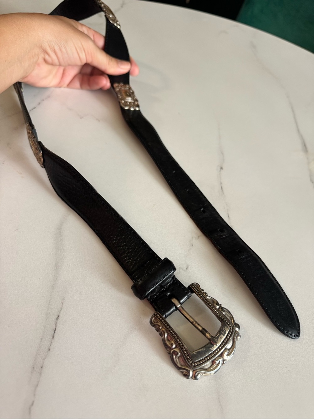 Vintage Fossil Black Leather Western Concho Belt Silver Tone Size 36